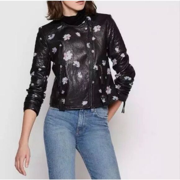 Joie Jackets & Blazers - Joie Thisbe Moto Floral Lamb Leather Jacket Caviar Black Size XXS